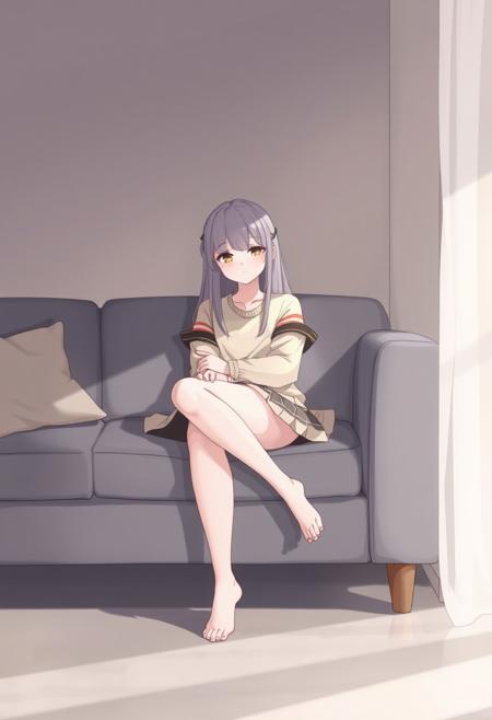 1girl,sitting on a cozy couch,crossing legs,soft light