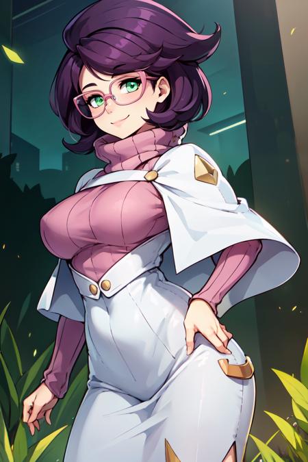 zzWicke, green eyes, glasses, pink-framed eyewear, purple hair, short hair, big hair, zzWicke, green eyes, glasses, pink-framed eyewear, purple hair, short hair, big hair, pink sweater, turtleneck sweater, white coat