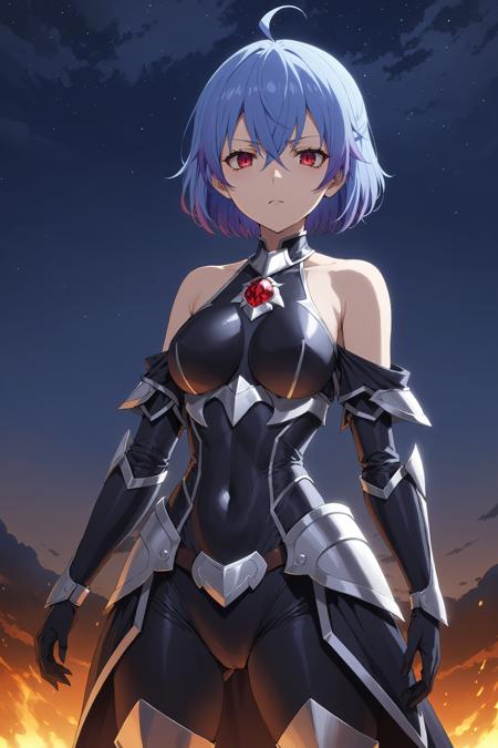 masterpiece, best quality, standing, evil villain, rutiragnason, blue hair, red eyes, short hair, black armor, evil armor, bare shoulders, black bodysuit, night sky in the background <lora:ruti-animaginexl-1-000008:0.5> <lora:evil_villain:0.8>