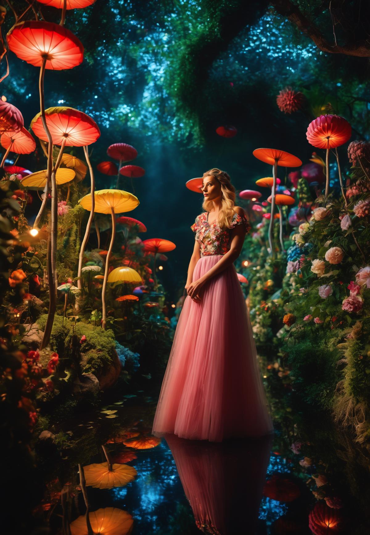 A woman in a pink dress standing in a mushroom forest.
