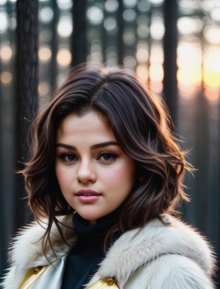 beautiful woman (dld_selgomez:.99), beautiful hair, winter forest, elegant, snowing, natural skin texture, (fashionable fur coat), (turtleneck), sunset, cute smile, (Looking back over shoulder), 24mm, 4k textures, soft cinematic light, adobe lightroom, photolab, hdr, intricate, elegant, highly detailed, sharp focus, ((((cinematic look)))), soothing tones, insane details, intricate details, hyperdetailed, low contrast, soft cinematic light, exposure blend, hdr, faded<lora:more_details:.6> <lora:wowifierV3:.6>