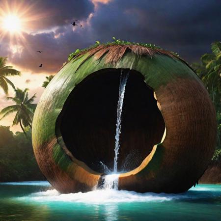 Dense water fall emerging from a giant  coconut shell , dense coconut farm ,people collecting water from it, sun set,birds flying,black clouds  (8k, RAW photo, best quality, Masterpiece: 1.2), (Hyperrealistic, Photo-realistic: 1.37)