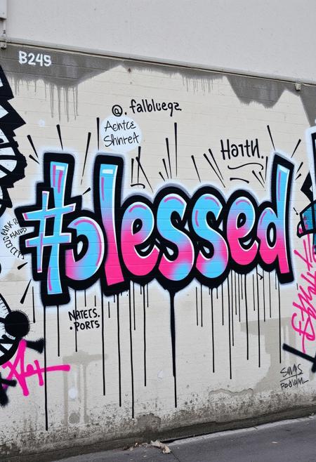 Graffiti style of the words "#blessed, street art, mural, high quality, high resolution