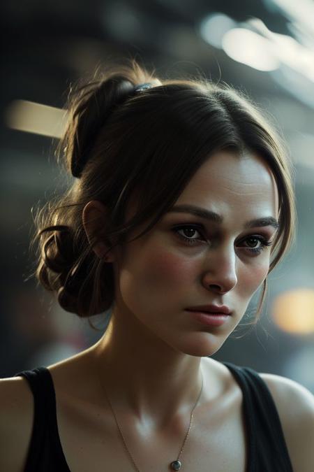 Photography of a classy woman's face,
dslr photo,
32k,
very sharp,
realistic,
highly-detailed-skin,
her hair is brown and short like she has the eerie glow that makes it feel like Keira Knightley when she was 18 years old. The eyes are wide open with fear as they clings to otherworldly beauty in a mystical forest setting against the soft light on their lips by jeremy mann,
hair in a tight bun,
8K resolution, 
high detail, ultra-high