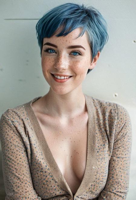 beautiful lady, freckles on face, cute smile, blue eyes, blue short hair, dark makeup, hyperdetailed photography, soft light, full body photo, 3rd breast size, swimsuit