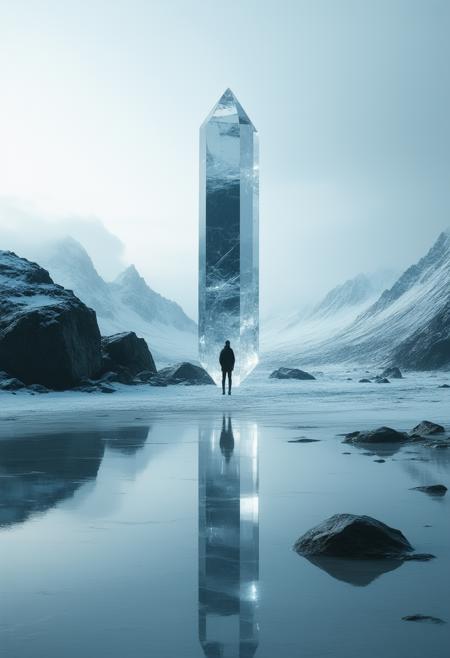 A solitary human figure, small against the immensity of a crystalline monolith piercing a rocky shoreline. Snow-capped mountains loom in the distant, blurred background. Rendered in a minimalist style: shimmering white light delicately illuminates the monolith and figure, contrasting sharply against a midnight black, perfectly flat background. Linear shapes define the composition - the sharp edges of the crystal, the gentle curve of the shoreline, the geometric forms simplifying the mountains. Impressionistic brushstrokes suggest movement in the snow and water, while retaining a sense of serene uniformity. Focus on clear lines, gentle curves, and a reduction of form to emphasize the monolith's otherworldly presence. Cinematic lighting, 8k resolution, photorealistic, ethereal, tranquil, contemplative.