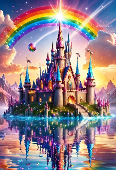a rainbow unicorn fantasy castle with crystalline spires floating in the clouds, RainbowUnicornStyle, illuminated by sunset light rays and glowing orbs, dreamy atmosphere, deep depth of field, reflective water below, magical haze, intricate detailing