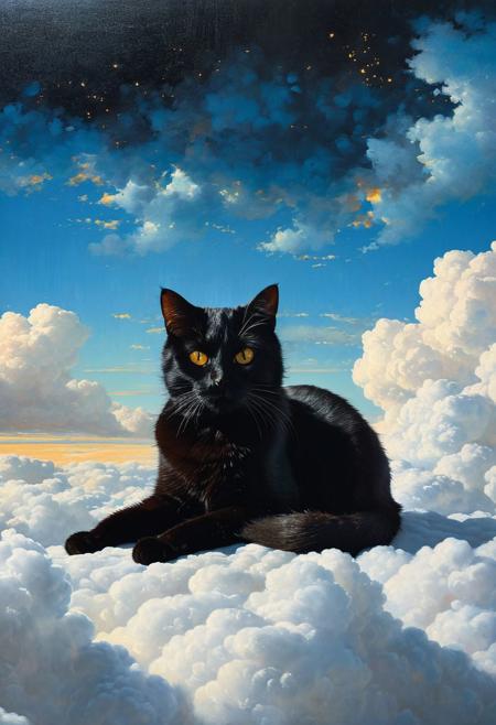 (The black cat has gone to heaven) (ingenious opus magnum by Michael Vincent Manalo and Elvira Vigna:1.2), (pastel oil painting:0.1), high key with glistening light, cosmic anddireful and dramatic atmosphere, (zestful quinacridone nickel azo gold and electricblue color swatch:0.1), raw details, crisp details, bokeh lights, <lora:xl_more_art-full_v1:0.6> ,analog photo, full body,, tall height, against the rise in the background, , , epic clouds, (oil on canvas:0.2), , art by Jeremy Mann, god rays, dramatic light,    ,  (art by Eduard Wilhelm Pose and Master of the Holy Blood and Ivan Bilibin:1.1), (oxygen-rich air and sheltered atmosphere,, aesthetic of hard - edge painting:0.1), symmetry and balance, pioneering unparalleled masterwork with superior details, <lora:MJ52:0.90> <lora:xl_more_art-full_v1:0.4> <lora:RMSDXL_Creative:1>,(skin texture),masterpiece, top quality, best quality, official art,highest detailed,,atmospheric lighting, cinematic composition,complex multiple subjects, 4k HDRvaporwave style , , cyberpunk, vibrant, neon colors, , highly detailed,,,Leica Q2 with Summilux 35mm f/1.2 ASPH, ,clear face, Ultra High Resolution, wallpaper, 8K,Rich texture details, hyper detailed, detailed eyes, detailed background, dramatic angle,