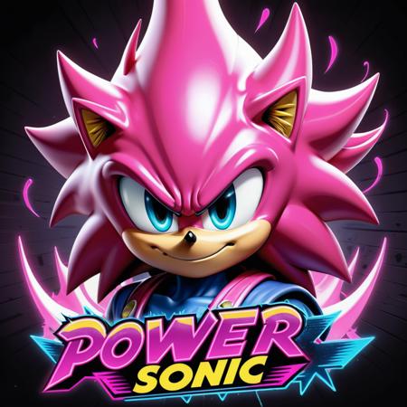 A neon pink super sonic, well drawn face and cocky smile, underneath is the text logo "power Sonic"