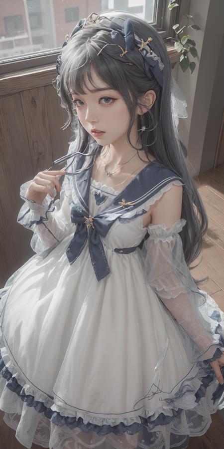 best quality, ultra high res, (photorealistic:1.4), masterpiece, highres, original, extremely detailed wallpaper, 1girl, solo, (<lora:Dress No.11 V2.4 qhxc-000008:1>, qhxc,qhxc \(manaka nemu\)), full body,