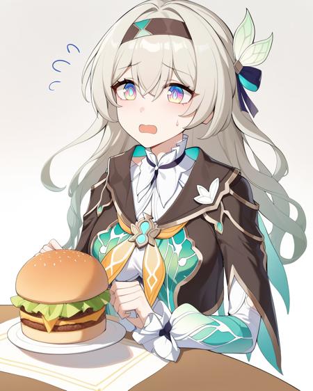 masterpiece,best quality,<lora:ireflyv1:1>,1girl, absurdres, black coat, black headband, burger, butterfly hair ornament, cake, chinese commentary, coin purse, commentary request, counting, firefly \(honkai: star rail\), flying sweatdrops, french fries, gradient background, green dress, grey hair, hair between eyes, hamilundenongdizhe, highres, holding bag, honkai: star rail, honkai \(series\), long hair, long sleeves, multicolored dress, nervous, nervous sweating, open mouth, purple eyes, simple background, solo, sweatdrop, table, tablecloth, white dress