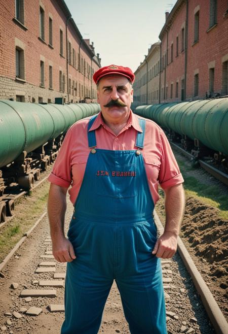 ((Film poster , dynamic photograph from a colorized, 1936 Soviet live action film titled (" братя супер марио" )) , ((about a short fat Italian proletarian plummer wearing (a big bushy moustache), (blue overalls), (red shirt) , (a big red cap that has the letter "М"  seen printed on the front)),  ((the short fat Italian proletarian plummer wearing (a big bushy moustache), (blue overalls), (red shirt) , (a big red cap that has the letter "М"  seen printed on the front),  travels through green pipes and smash big brown bricks, in a magical kingdom , where he must save a (blonde woman dressed in a pink dress)),
[(Cinematic still), (photograph from a 1936 soviet film) (using 35mm, agfacolor film stock), (using State Optical Institute cine lenses),  ((colorized with the 1936 style Bipack colourisation method)) (Communist Soviet Heroism) , ( Sovietpunk superheroes)]