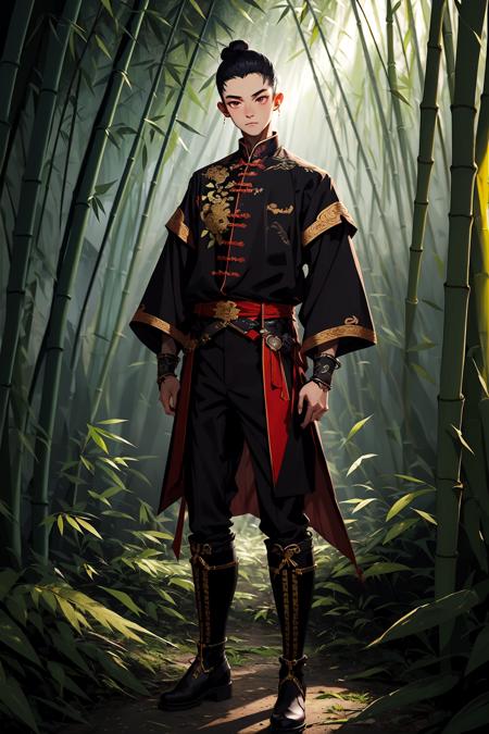 (masterpiece),(best quality),(ultra-detailed), (full body:1.2),1boy,A Chinese assassin dressed in black, with intricate gold embroidery on the collar and cuffsï¼black leather belt with a sharp and deadly dagger tucked into it, long black hair is pulled back into a tight bun, Black boots, ((bamboo forest)),
 <lora:Guofeng minimalism boy_20230922172737:1>