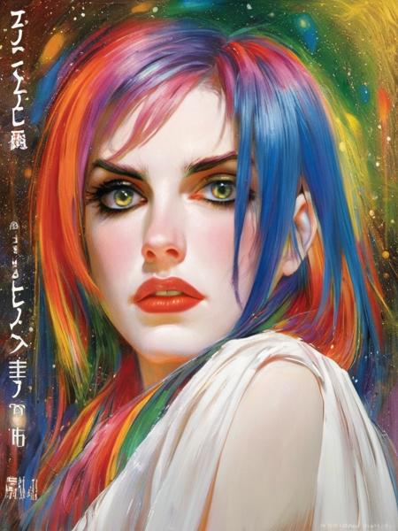 noriyoshiohrai style, highly detailed, facial focus, sharp focus, 1girl, rainbow hair, stunning eyes, highest quality, masterpiece, avant garde