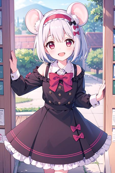 1girl, solo, bow, fake_animal_ears, mouse_ears, frilled_skirt, frills, hair_ornament,short hair, hairband,  looking_at_viewer,  multiple_girls, open_mouth, rat, red_eyes, shirt, silver_hair, skirt, smile,  white_hair, white_shirt, v 
 <lora:pcr-000012:0.7>