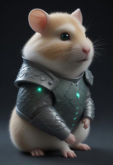 animal, armored hamster, intricate scales, novuschroma54 style armor plating, glowing gemstone embedded in bracer, slit pupils, futuristic design, green energy accents, reinforced metallic structure, detailed textures, high-tech aesthetic, cinematic lighting, dynamic pose, fantasy cybernetic fusion