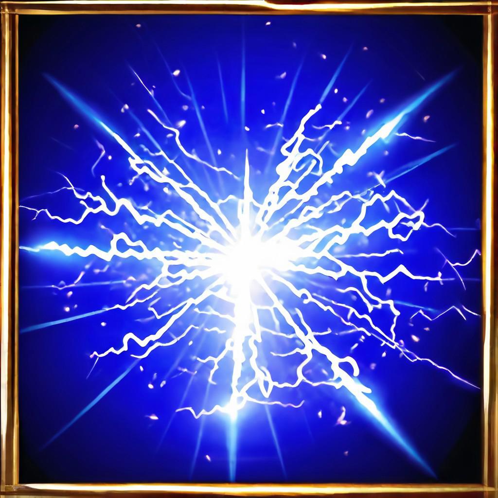 Black to blue gradient background, golden frame, Flying ball lightning, scattering sparks in all directions, sparks, golden stars, magic, casting spell