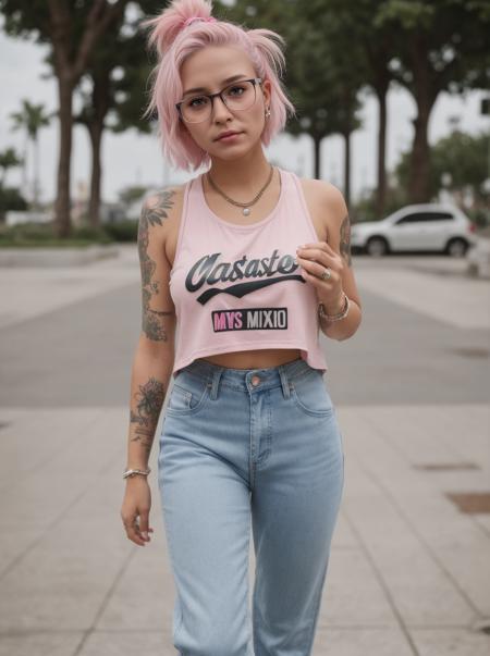 (masterpiece, best quality, ultra realistic), 32k, RAW photo, detail skin, 8k uhd, dslr, high quality, street photography, a beautiful punk girl, light pink hair, nerd glasses, (cropped wide jeans:1. 2), sexy tank top, (vans sneakers), tattoos, grafitti, skate park, (masterpiece, best quality, ultra realistic), 32k, RAW photo, detail skin, 8k uhd, dslr, high quality