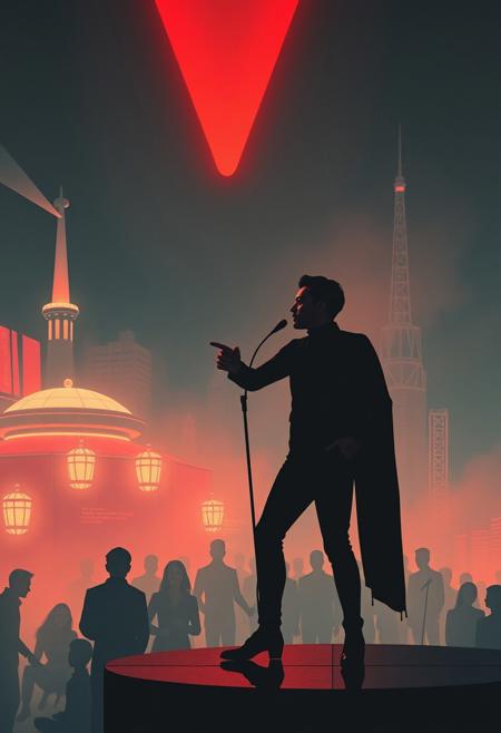 A surreal cabaret performer, retro-futurism, minimalist noir, cinematic silhouette, pulp sci-fi illustration, high-contrast lighting, mid-century spaceship design, atmospheric environments, bold color palette, solitary figures, glowing alien worlds, vintage space suits, graphic composition, emotional isolation, stylized realism, foggy cityscapes, sleek technology, dramatic perspective, 1950s futurism, moody ambiance, pop-sci-fi narrative
