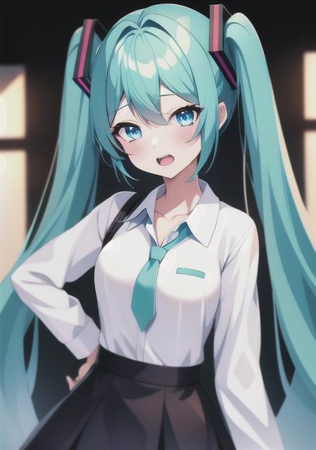 <lora:miku:0.8>, hatsune_miku, 1girl, solo, long hair, looking at viewer, blush, open mouth, bangs, blue eyes, shirt, hair ornament, long sleeves, hair between eyes, twintails, blue hair, collarbone, white shirt, upper body, heart, one eye closed, teeth, collared shirt, indoors, bag, nail polish, blurry, aqua eyes, dress shirt, aqua hair, blurry background