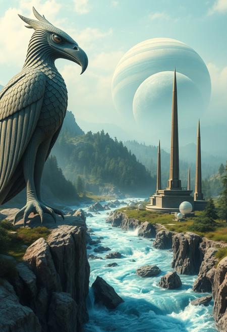 a giant alien, avian statue, with a sharp beak and eagle eyes, its clawed feet astride a fast flowing blue river with spray rising from jagged rocks, guards a valley. In the near distance several structures, tall narrow spires topped with large egg shaped crystal houses. On the horizon a giant ringed planet, its atmosphere a swirl of blues and greens, rises over an alien forest