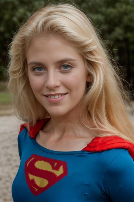 masterpiece, best quality, cinematic, volumetric lighting, very detailed, high resolution, sharp, sharp image, 4k, 8k, 35 mm,
<lora:Supergirl_1984_HelenSlater_smf_lora_v1-000003:0.9>, 1girl, s0p3r6h3l3n-smf, realistic, solo, blonde hair, smile, long hair, cape, looking at viewer, red cape, blue eyes, blurry background, blurry, grin, teeth, outdoors, collarbone, upper body, lips
