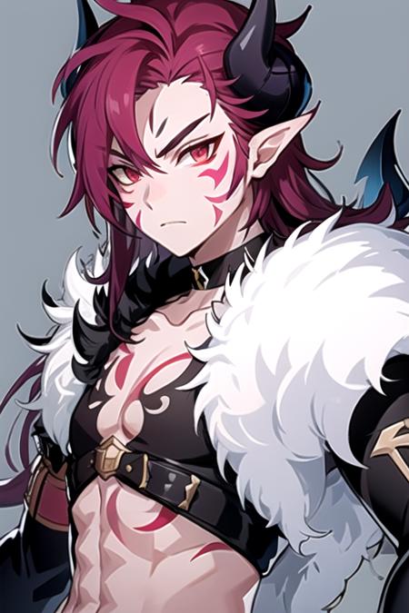 <lora:DioBurningCanyon-08:0.7> ,diogc, solo, long hair, looking at viewer, simple background, red eyes, 1boy, closed mouth, upper body, male focus, red hair, horns, choker, pointy ears, armor, fur trim, tattoo, black choker, facial mark, pectorals, claws, single horn, demon boy