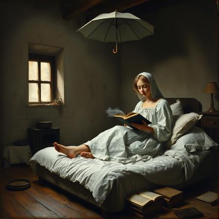 Old Painting in the style of Carl Spitzweg, dark atmosphere, A poor and  ill looking young woman in a dirty messy room with a waterleak at the ceiling and with a little window in the wall on the left an an old iron oven in front of it, sitting in nightgown with a nightcap on a mattress without a bed on the floor under white sheets an pillows, writing in a book with a grey feather, an open umbrella at the ceiling, books lying in front of the bed, wooden floor, in the style of Carl Spitzwegs the poor poet