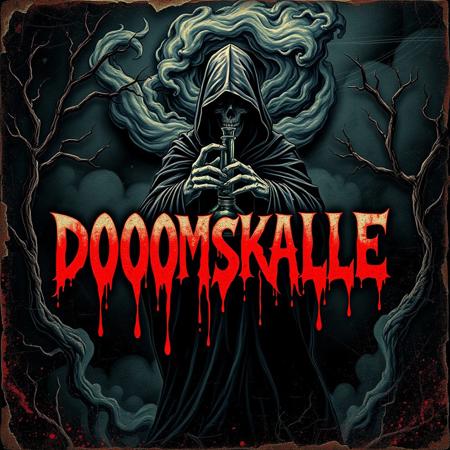 A stoner doom metal album cover for the song 'DOOMSKALLE', featuring a gritty, textured look reminiscent of a worn-out tattered poster from 1975. The title is prominently displayed in the center, dripping with blood, amplifying the menacing tone. Behind the title, a ominous wraith looms, shrouded in dark, swirling mist, holding a bong. The overall color scheme combines deep, ominous reds and blacks, enhancing the vintage horror vibe. The composition should include rough textures and distressed elements, creating a haunting and raw atmosphere typical of 70's doom metal aesthetics, with twisted branches and ghostly shadows adding to the eerie depth. #00000006:0.8