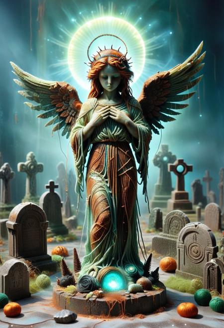 8k, Raw digital photo, dvr-rst, a weathered angel statue made out of rusty yarn, yrnwrld, standing in a foggy graveyard, spiky halo, moss and decay, glitch holographic, eerie blue green glow, an art deco, Soft Texture, Full Colour, 80mm, simple dark background,