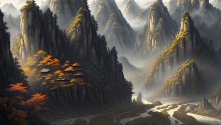 ancient chinese style landscape painting, mountains in front, beautiful winding green river behind, extremely sharp old paper detail, high paper detail, high line detail, high resolution, ultra high quality, raw, 8k image, extremely high color detail, intricate, epic composition, cinematic lighting, masterpiece, bold complimentary colors. stunning masterfully illustrated by artgerm and range chinese style landscape painting, yellow paper color, painted with black and white ink, extremely sharp old paper detail, high paper detail, high line detail, high resolution, ultra high quality, raw, 8k image, extremely high color detail, intricate, epic composition, cinematic lighting, masterpiece, Artstation, Sergey Svistunov, hyperrealistic