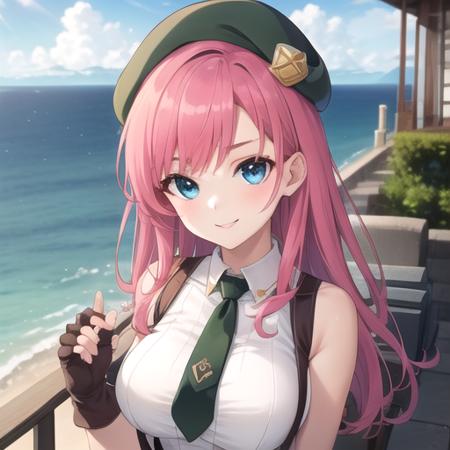 ((masterpiece)),(best quality),official art,extremely detailed CG,unity 8k wallpaper,ultra detailed,A lighthouse on a cliff by the sea,1girl,solo,upper body,(portrait:1.2),large breasts,gloves,suspenders,shorts,long hair,necktie,seductive smile,beret,pink hair,fingerless gloves,blue eyes,black thighhighs,sleeveless,shirt,suspender shorts,looking_at_viewer,<lora:Novice female-1.7(TNT):0.6>