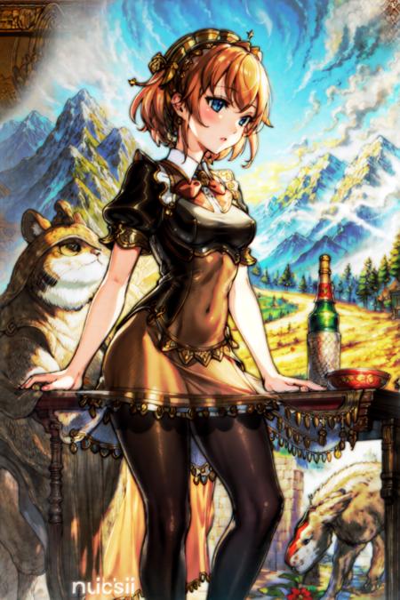 masterpiece, best quality, 1girl,,dress,pantyhose,animals,mountain, <lora:BF-000016:1>