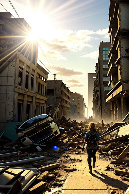 a female android walking on the (rubble of a destroyed city), demolished buildings and crashed cars, a lot rubble covering the streets BREAK
CHSNGN, at day time in a bright windy day, cinematic look, sun rays, lens flare, intrincate details, ultra realistic, sharp focus