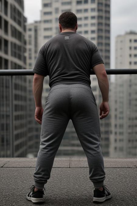 1boy, dirty, grungy, handsome chav rugby coach showing (ass:1.55), chubby, beard, shirtless, light grey track pants, sneakers, high rise balcony, brutalism, urban, HDR, atmospheric, dark, looking at viewer, intricate detail