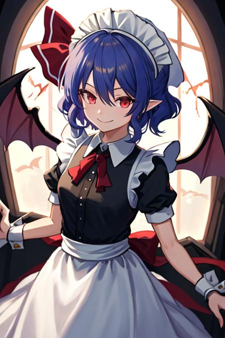 best quality, masterpiece, highres, solo, {maid:1.40}, {long maid dress:1.15}, {remilia_scarlet_touhou:1.15}, red_eyes, short_hair, bat_wings, wings, ribbon, hat, blue_hair, mob_cap, hair_between_eyes, hat_ribbon, bangs, smile, upper_body, red_ribbon