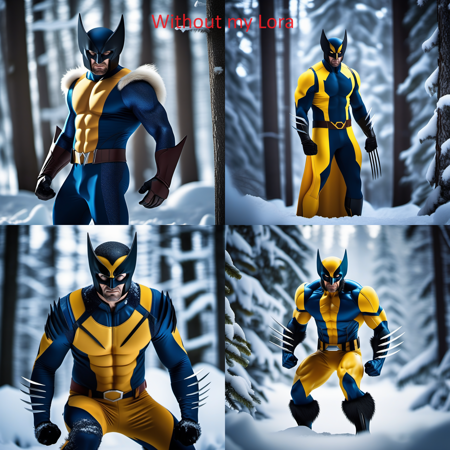 wolverine with superhero suit ,full body, claws, in canadian forest, winter background, features intricate detail, detailed eyes, highly detailed, photography, ultra sharp, film, bokeh, professional, 4k