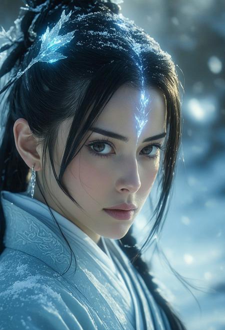 Medium close-up from a dynamic low angle, Rukia Kuchiki stands defiant, Zanpakuto Sode no Shirayuki casting crystalline mist, her shihakushō etched with frost motifs glowing under golden backlight. Evoke Studio Bones’ kinetic intensity fused with Yoshitaka Amano’s ethereal detailing: arctic cerulean and pearl clash against a vermillion-amber sunset. Ice fractals spiral from her blade; cherry blossoms freeze mid-fall. Textured holographic snowflakes dissolve into her aura, hair rippling like ink in glacial wind. Mood: serene fury—cold and fire entwined, shadows sharp as her gaze, every detail echoing duality’s elegance.