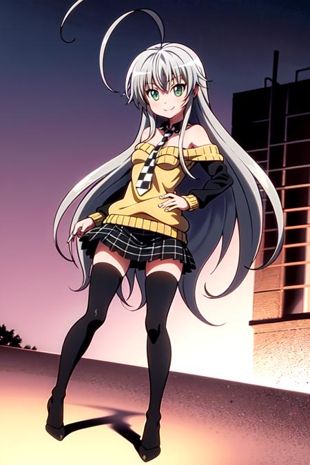 masterpiece, best quality, nyarlathotep \(nyaruko-san\), full body, standing, sweater, necktie, bare shoulders, checkered skirt, thighhighs, very long hair, black thighhighs, checkered clothes, ahoge, smile