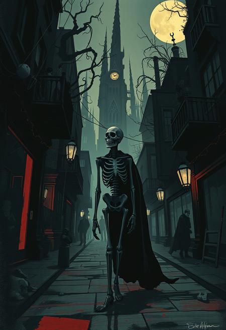 He paces an inane and pointless path. gothic noir-inspired illustration with bold high-contrast chiaroscuro, surreal exaggerated figures with elongated skeletal proportions, dark twisted architecture merging gritty urban streets with gothic fairytale elements, cinematic dramatic lighting with eerie whimsical undertones