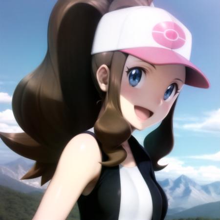 <lora:character_pokemon_hilda_v3:1> hilda \(pokemon\), mountain, sunny, 1girl, solo, portrait, from side, looking at viewer, smile, open mouth, baseball cap, sleeveless shirt, vest,