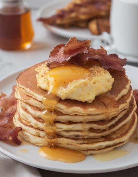 A classic American breakfast plate with fluffy scrambled eggs, crispy bacon, golden hash browns, and a stack of buttermilk pancakes drizzled with maple syrup, served on a white ceramic plate.