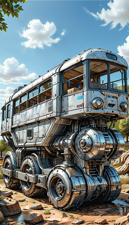 (ground vehicle, no humans, cloud, sky, outdoors, tree, day, motor vehicle, vehicle focus, science fiction, train, blue sky, rock, wheeled vehicle, gray silver paint, bus)
(ultra sharp focus:2), (detailed windows:2),
<lora:Apparatus_-_Traction_City_Walkers_Vehicles:0.8>