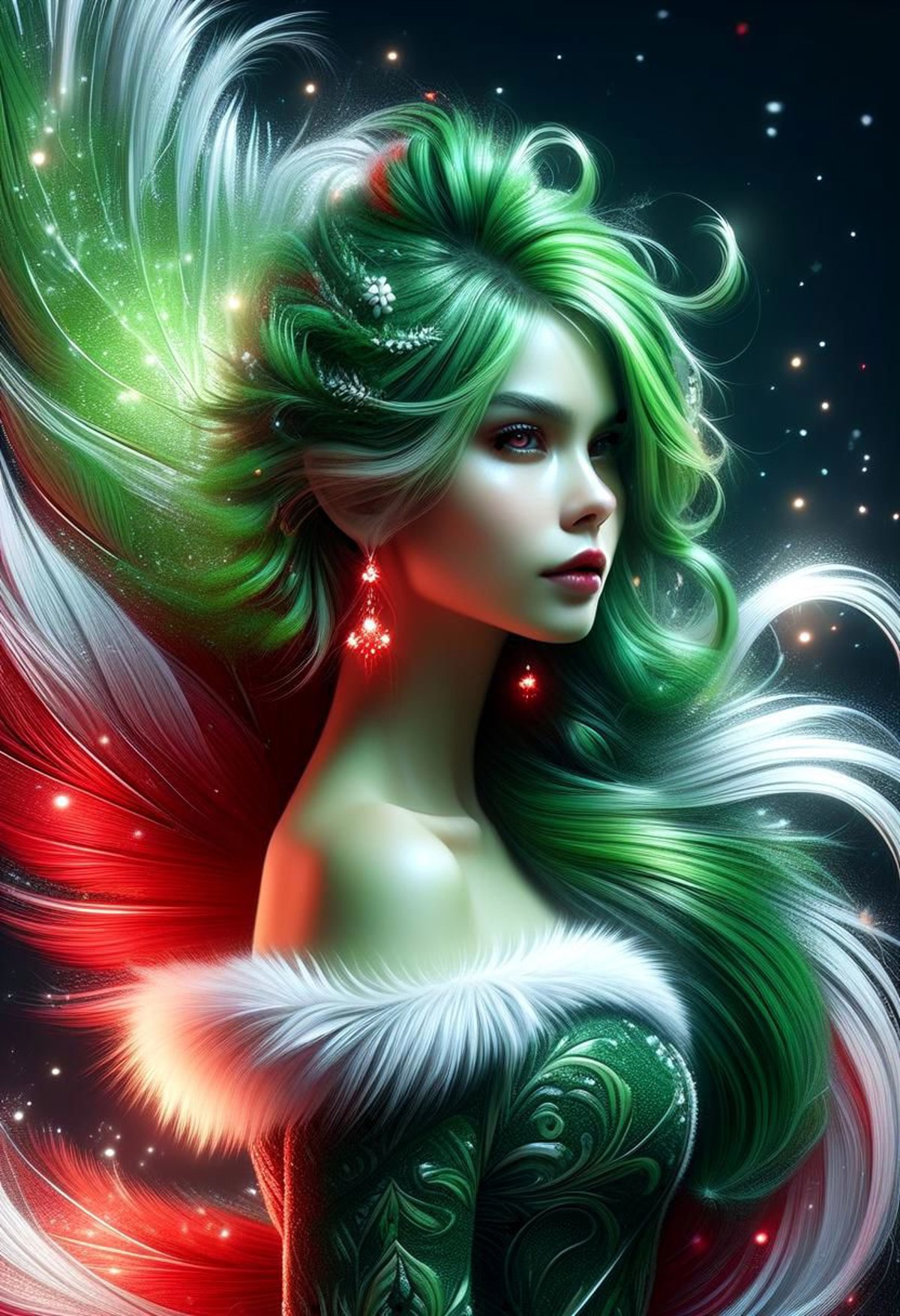 whimsical portrait, beautiful adorable female grinch, wavy luxurious dark green hair, green furry skin, red dress white fu...