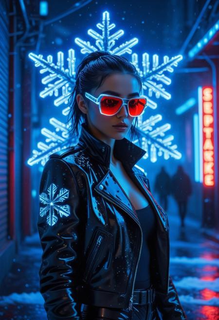 futuristic cyberpunk woman, wearing sleek black leather jacket, dark sunglasses, neon-lit urban street, face covered with intricate snowflake crystals, shimmering under blue neon light, glowing red neon signs in the background, wet reflective streets, winter atmosphere, surreal elegance, cyberpunk style