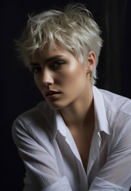 She has white pixie haircut, messy hair , white trasparent button shirt, open shirt, golden makeup , simple jewelry, realistic skin pores , light moles,
BREAK sexy, attractive , erotic, half body shot , flowing pose, sensual ,
BREAK low-key lighting photograph, in the style of photo shooting, chiaroscuro lighting,  textured background with vintage decoration , medium format photography, Kodak portra colors
