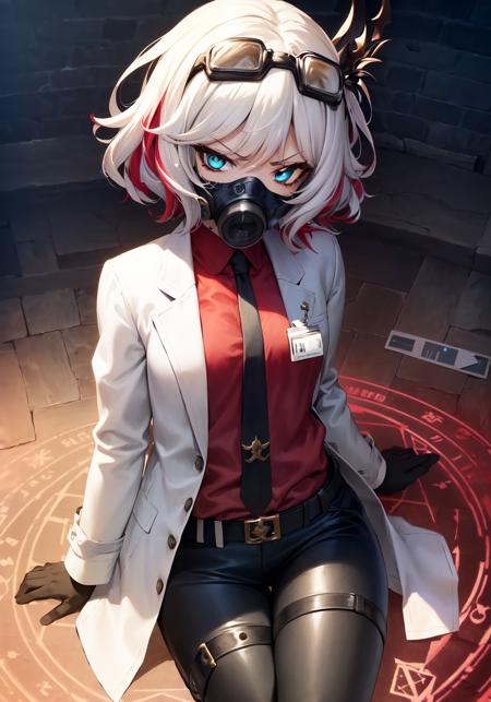 a beautiful masterpiece portrait of a girl holding a syringe , she has two thigh straps on one leg - the lower one is red the upper one is white and there is a vertical red strap from her waist connecting both, she has multiple leather straps on her waist like a harness, 1girl, (highres, ) realistic, hyperrealistic, ((official art, game cg, cygames, shadowverse, shingeki no bahamut)), solo, long hair, ((petite)), best quality, androgynous, ultra-detailed, (empty eyes), detailed eyes, expressive face, realistic face, nose, necktie, pants, shirt, goggles, mask, gloves, 1girl, doctor, indoors, paper, bangs, coat, belt, (respirator), androgynous, ((lanyard)), formal, suit, multicolored hair, ((black pants)), tight, looking at viewer, ((gas mask)), blue eyes, short hair, streaked hair, black necktie, necktie, (long necktie), men's clothing, tomboy, white hair, (((red shirt))), collared shirt, (black gloves), red hair, hair between eyes, aqua eyes, open clothes, goggles on head, thigh strap, two-tone hair, mouth mask, ((id card)), dress shirt, ((covered mouth)), grey hair, glowing eyes, glowing iris, eyewear on head, eyeshadow, ((bags under eyes, )), belt, white belt, hair ornament, ((tsurime, eyes half-closed eyes, sanpaku, jitome)), v-shaped eyebrows, ((magic circle)), ((harness), o-ring, there is a red strap running down one of her legs:1.1), long sleeves, sleeves past wrists, ((labcoat)), (white coat), (white jacket), garter strap, single_garter_strap, asymmetrical legwear, she is wearing her pants high, she is dressed like a man, (( expressionless, annoyed, angry)), ambient lighting, thighs, thigh focus, wide hips, thigh gap, (skinny), toned, ribs, hip bones,