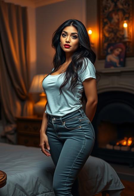 night, bedroom, princess jasmine, beautiful woman, long hair, puffy lips, red lips, large breasts, curvy, wide hips, white t-shirt, jeans, standing, near fireplace