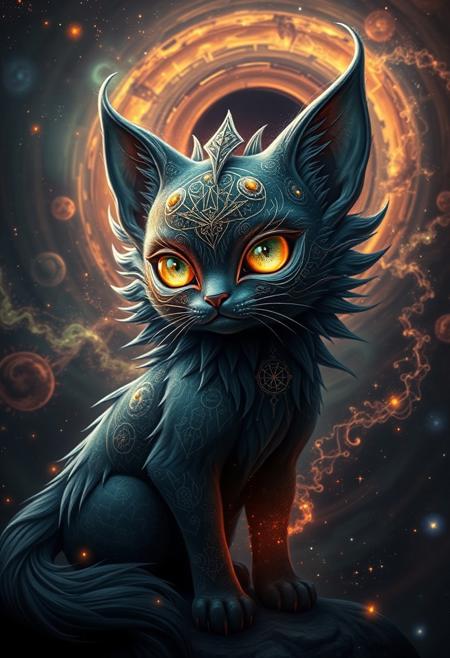 dark cosmic entity, mythological creature, stereotypically cute animal, ethereal and ominous, glowing eyes filled with cosmic energy, swirling galaxies in the background, deep space colors, glowing nebulae, starlight reflecting off fur, intricate cosmic symbols on body, dark surrealism, cosmic horror, awe-inspiring presence, dark atmosphere, celestial headdress of constellations, shadowy textures, cosmic storms swirling around, void-like energy emanating from creature, celestial bodies orbiting, broken mold of innocence, twisted cosmic energy, dark flowing fur like the night sky, mythological symbolism, ominous power, divine and terrifying, (cosmic energy:1.4), high resolution, ((masterpiece)), grim transformation, god-like presence, cosmic rifts in the background, black hole swirling within
