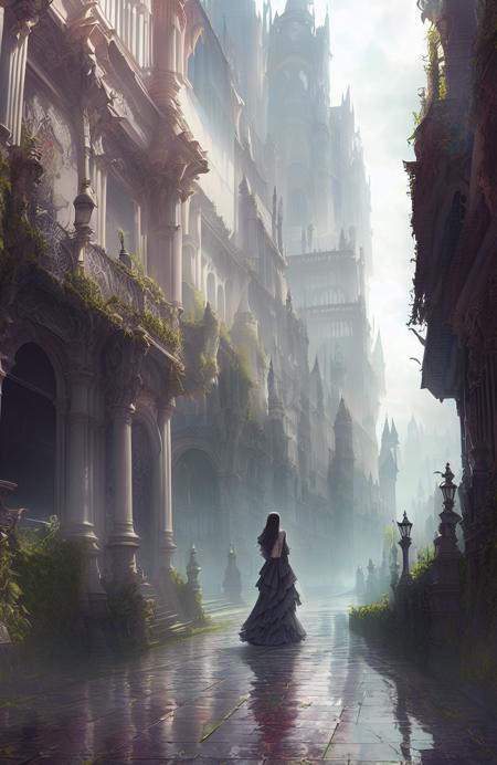 award winning landscape photo pale skinned beautiful vampire woman, medieval street background, sinister, evil, rain, puddles, (backlighting:1.3), digital painting, concept art, smooth, sharp focus, rule of thirds, dark fantasy,intricate details, art by aleksi briclot (shallow depth of field:1.1) Style by Style-Glorious